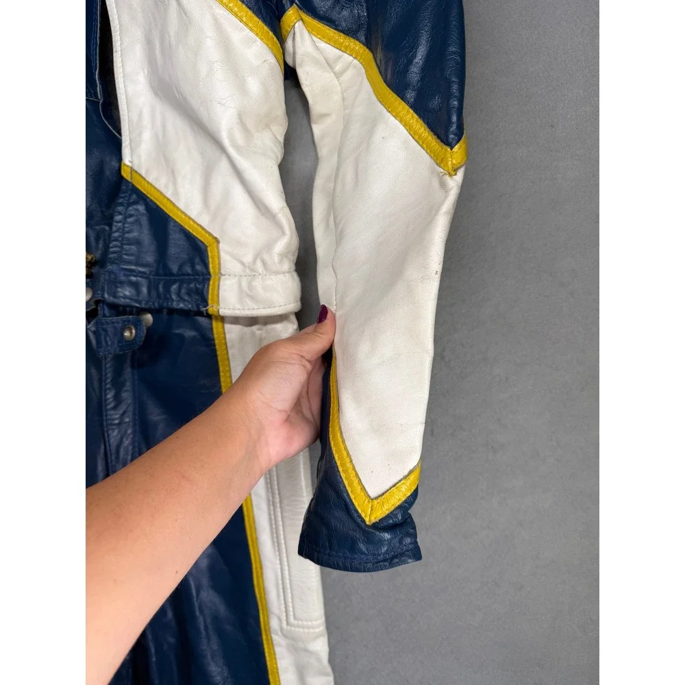 Vintage Leather Motorcycle Racing Suit Blue White Yellow handmade Jumpsuit